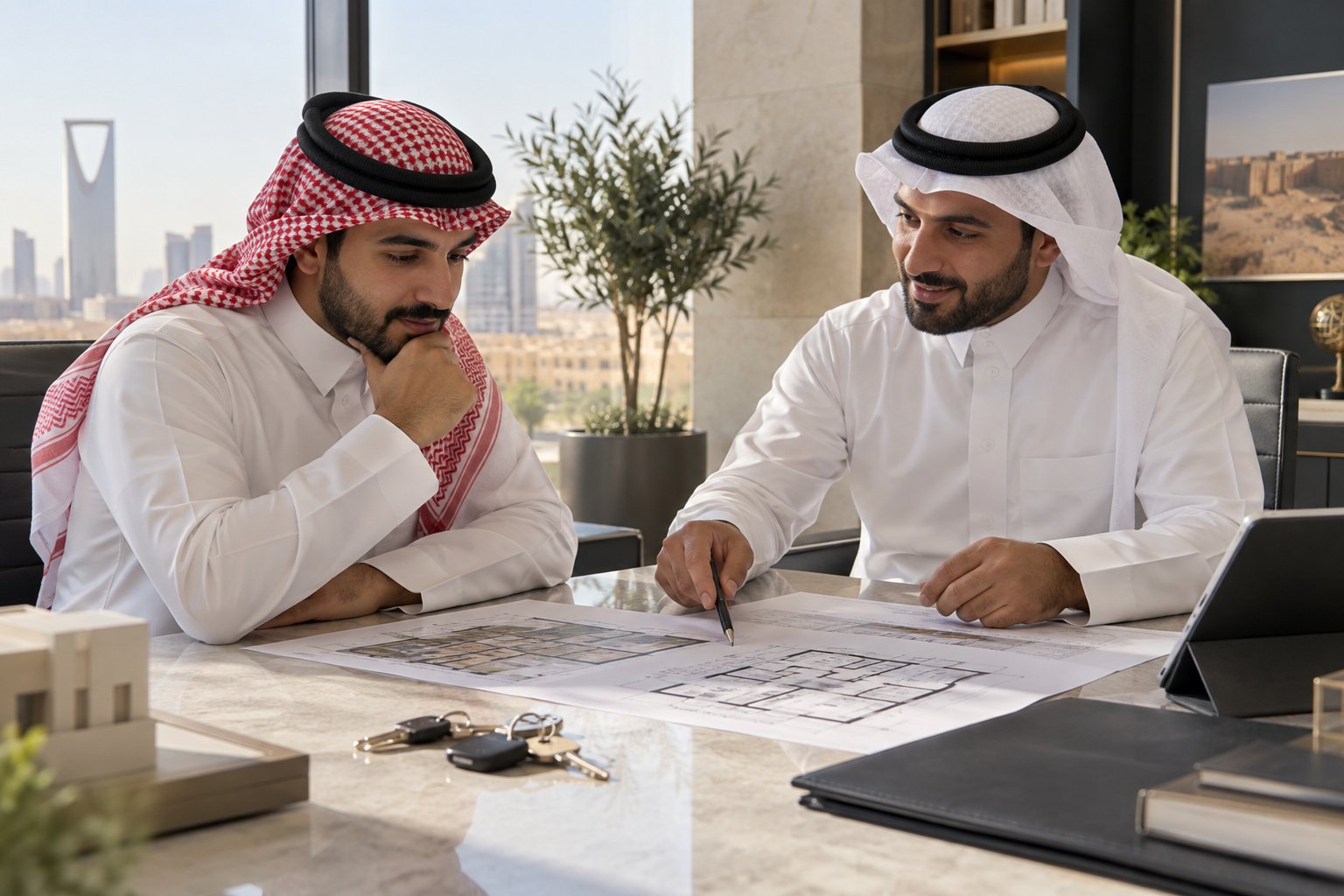 رجلان سعوديان يراجعان مخطط منزل خلال استشارة عقارية